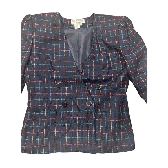 Atrium Collection Womens Plaid Blazer 7/8 Double-Breasted Rayon & Polyester Navy - Picture 3 of 7